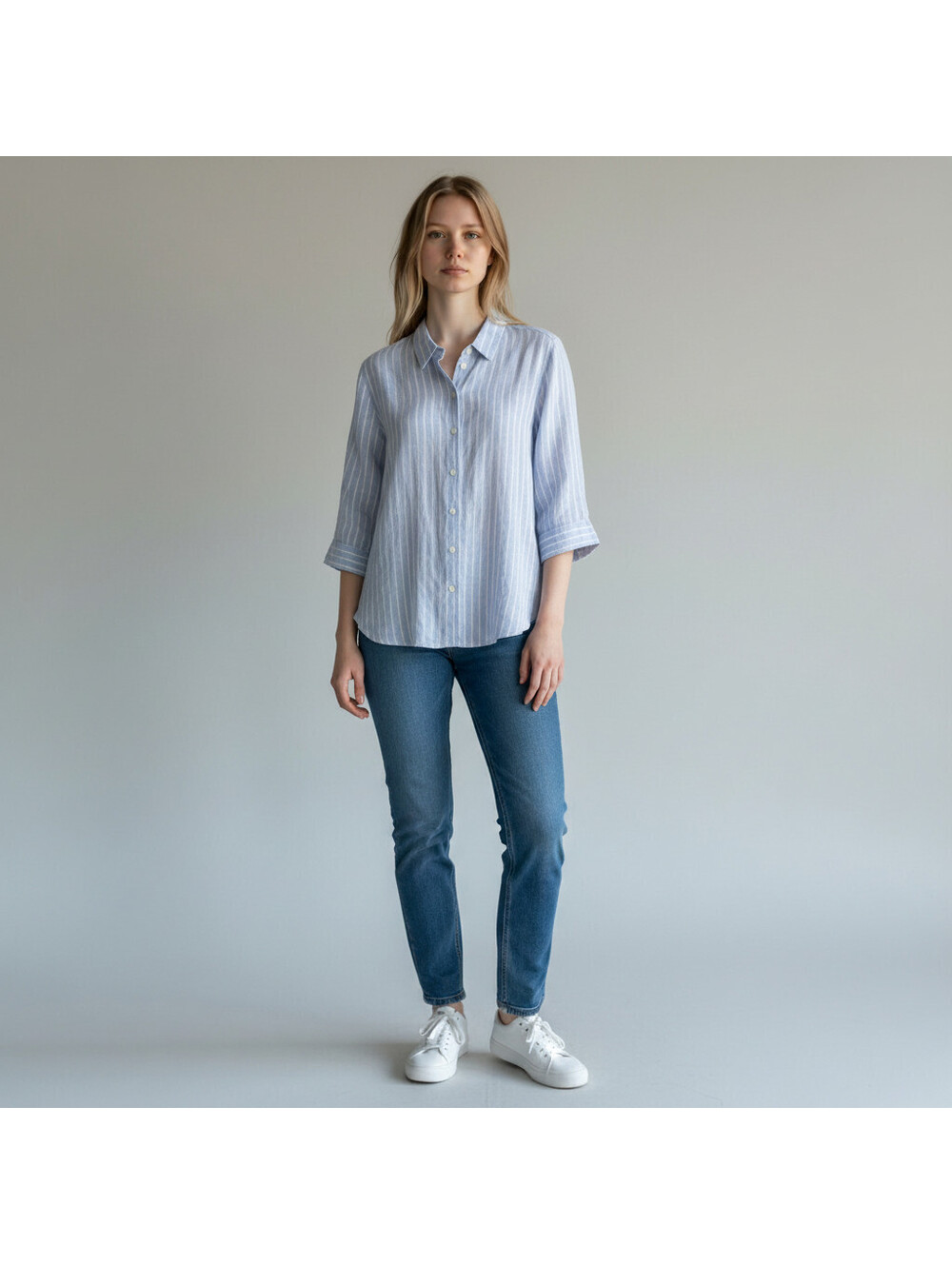 CG CG Shirt Women L Large Blue Striped Button Up Collared 3/4 Sleeve Cotton